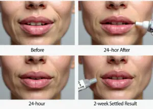 Collage of before and after lip filler photos with ice pack and arnica cream on clinic table