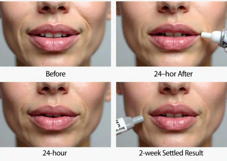 Collage of before and after lip filler photos with ice pack and arnica cream on clinic table