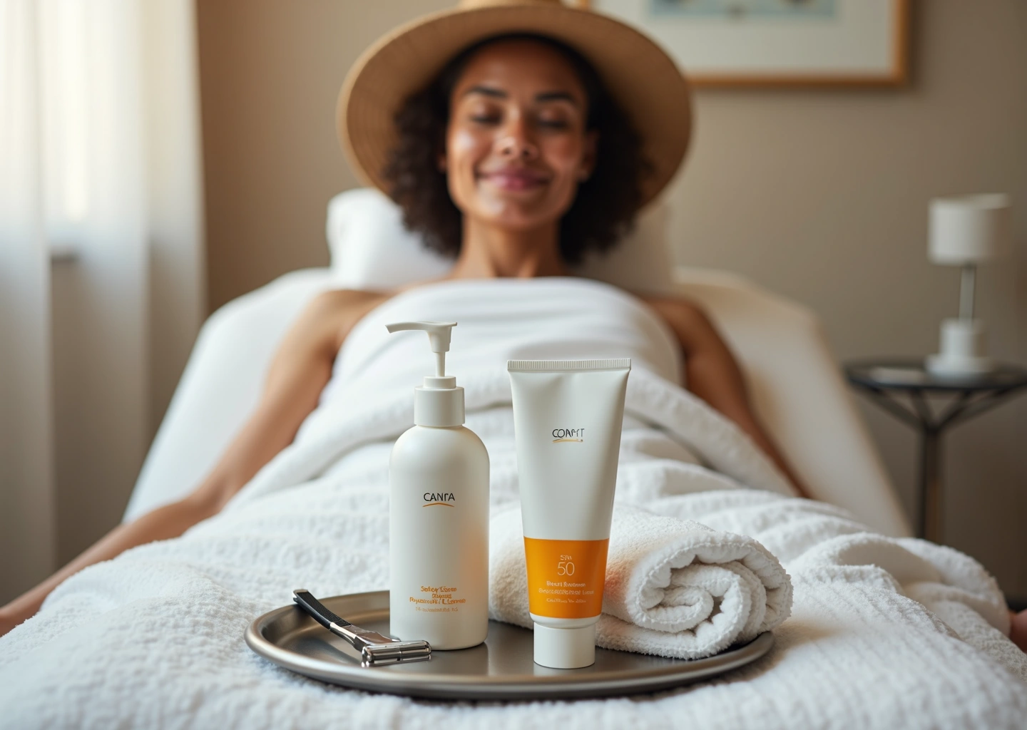 Spa treatment room scene with a patient showing mild post laser redness and a tray holding a razor washcloth and SPF sunscreen to illustrate post laser shaving scrubbing and sun protection