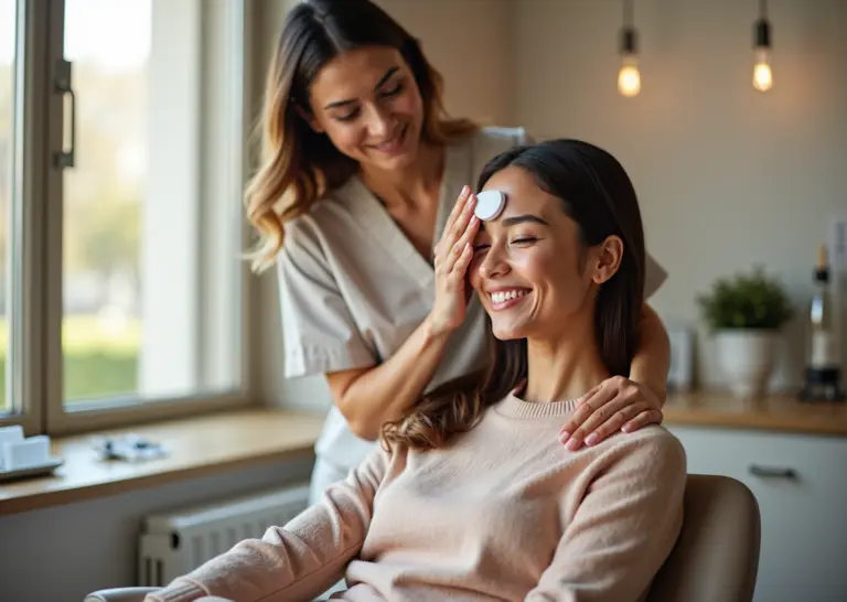 Patient holding cold compress on forehead after Botox in a modern U.S. aesthetic clinic with clinician nearby