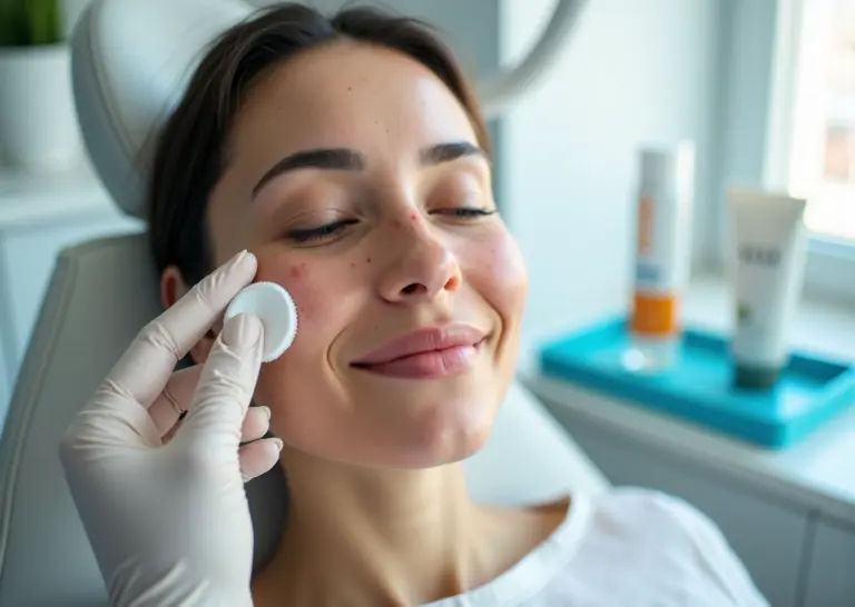 Patient receiving post-microneedling care in a modern clinic with cold compress and hyaluronic serum visible