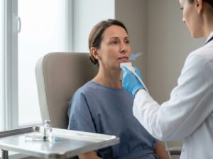 Close up of a patient in a clinic with a clinician using an ultrasound probe near the lips and an injection syringe on a tray, illustrating assessment of lip filler movement
