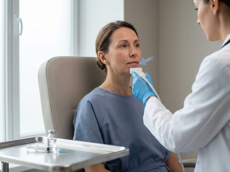 Close up of a patient in a clinic with a clinician using an ultrasound probe near the lips and an injection syringe on a tray, illustrating assessment of lip filler movement