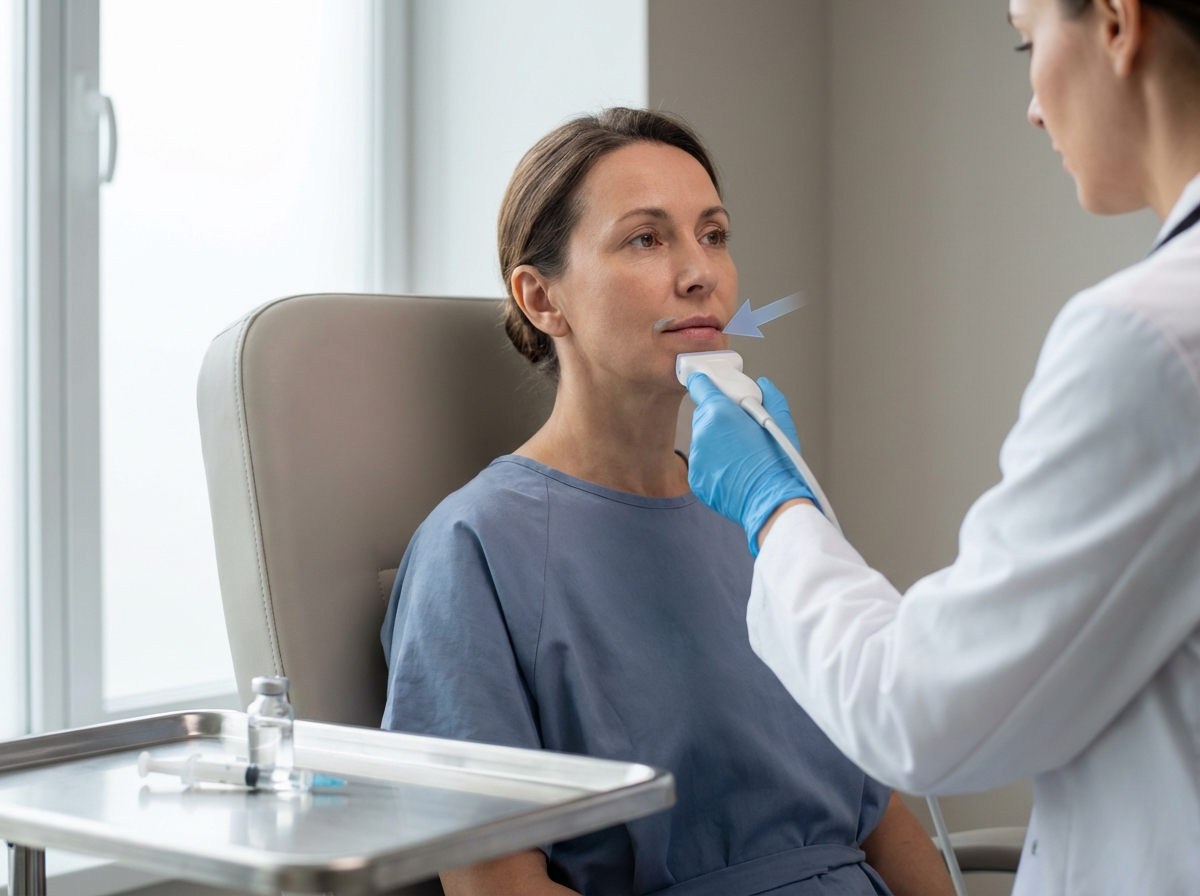 Close up of a patient in a clinic with a clinician using an ultrasound probe near the lips and an injection syringe on a tray, illustrating assessment of lip filler movement