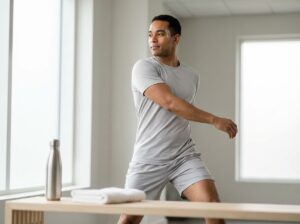 Person gently stretching in a gym with a small adhesive bandage on the forehead indicating recent Botox treatment, water bottle and towel nearby