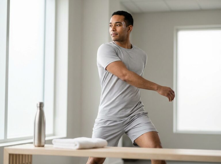 Person gently stretching in a gym with a small adhesive bandage on the forehead indicating recent Botox treatment, water bottle and towel nearby