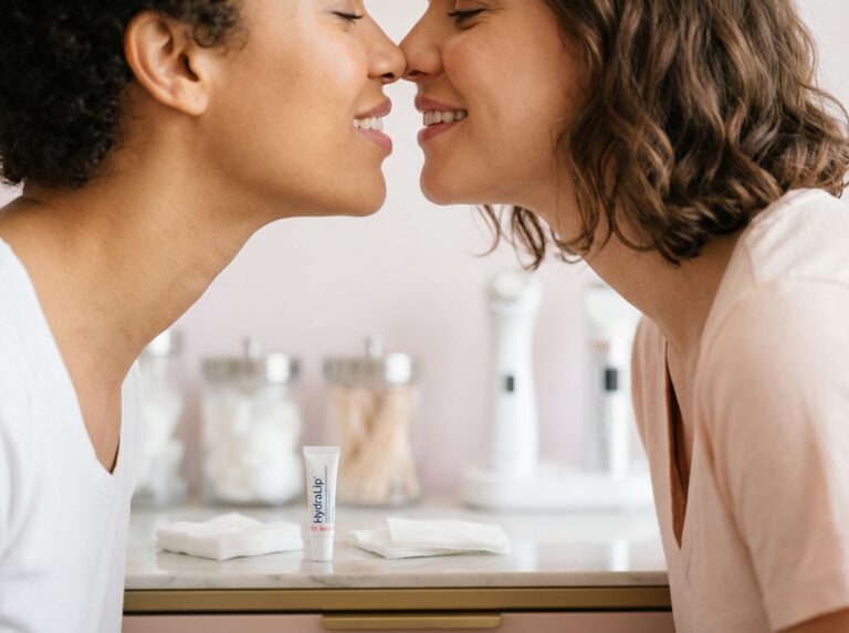 Two adults leaning in for a gentle kiss with subtle lip fullness indicating recent fillers in a clean aesthetic clinic setting, soft lighting, lip balm visible