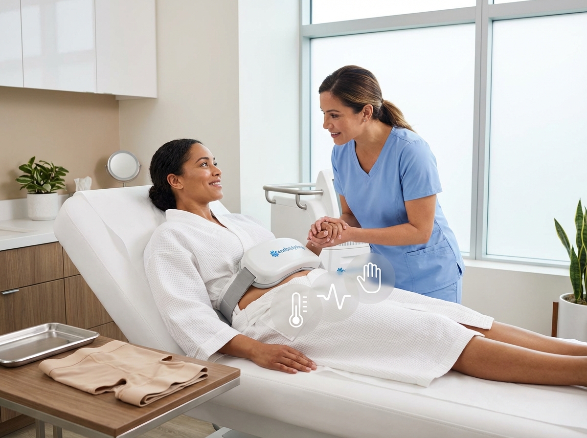 Patient in a modern medical spa receiving CoolSculpting on the abdomen with clinician nearby and items for aftercare visible indicating pain numbness and swelling management.