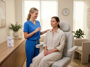 Patient sitting upright after receiving Botox in a modern clinic with clinician holding syringe and a clock highlighting the four hour rule