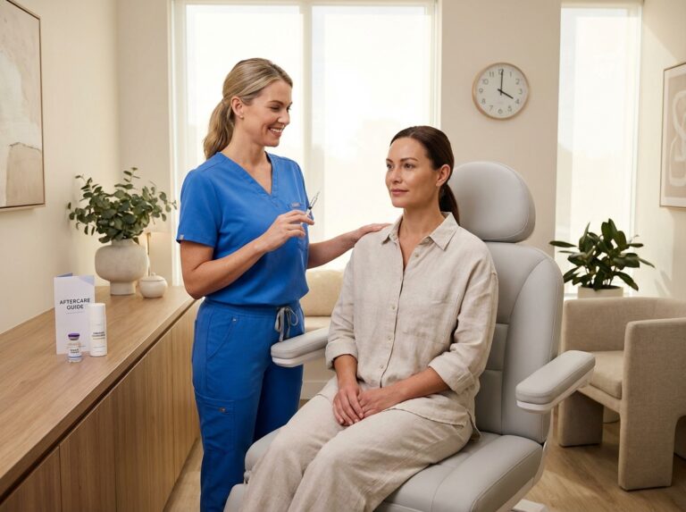Patient sitting upright after receiving Botox in a modern clinic with clinician holding syringe and a clock highlighting the four hour rule