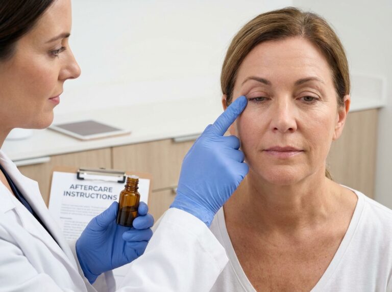 Close-up of a patient with a subtle droopy upper eyelid after Botox in a modern aesthetic clinic with clinician pointing and a bottle of eye drops