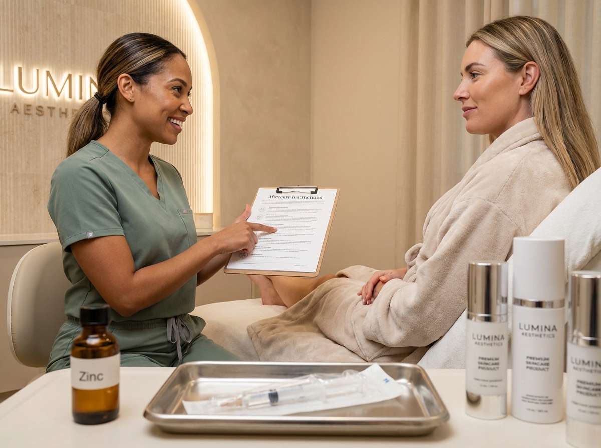 Patient and clinician discussing Botox aftercare in a modern clinic with a bottle labeled zinc and a syringe on a tray