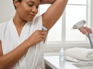 Person gently shaving underarm at home with soothing gel and laser clinic equipment visible in background
