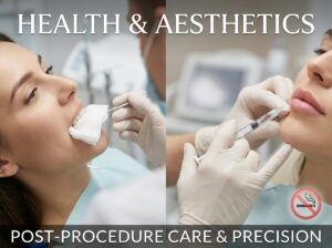 Clinician attending to a patient after tooth extraction and preparing a lip filler injection with a small no smoking icon