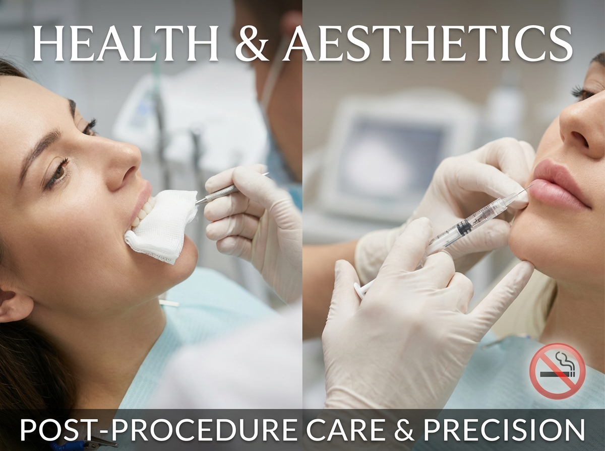 Clinician attending to a patient after tooth extraction and preparing a lip filler injection with a small no smoking icon