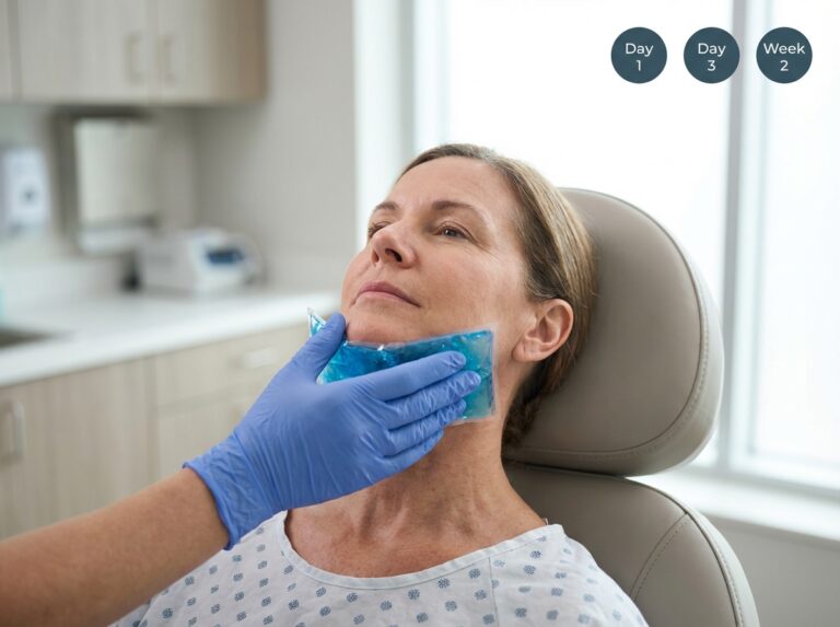Patient in clinic receiving cold compress to submental area after Kybella injections, showing post-treatment care and recovery timeline icons