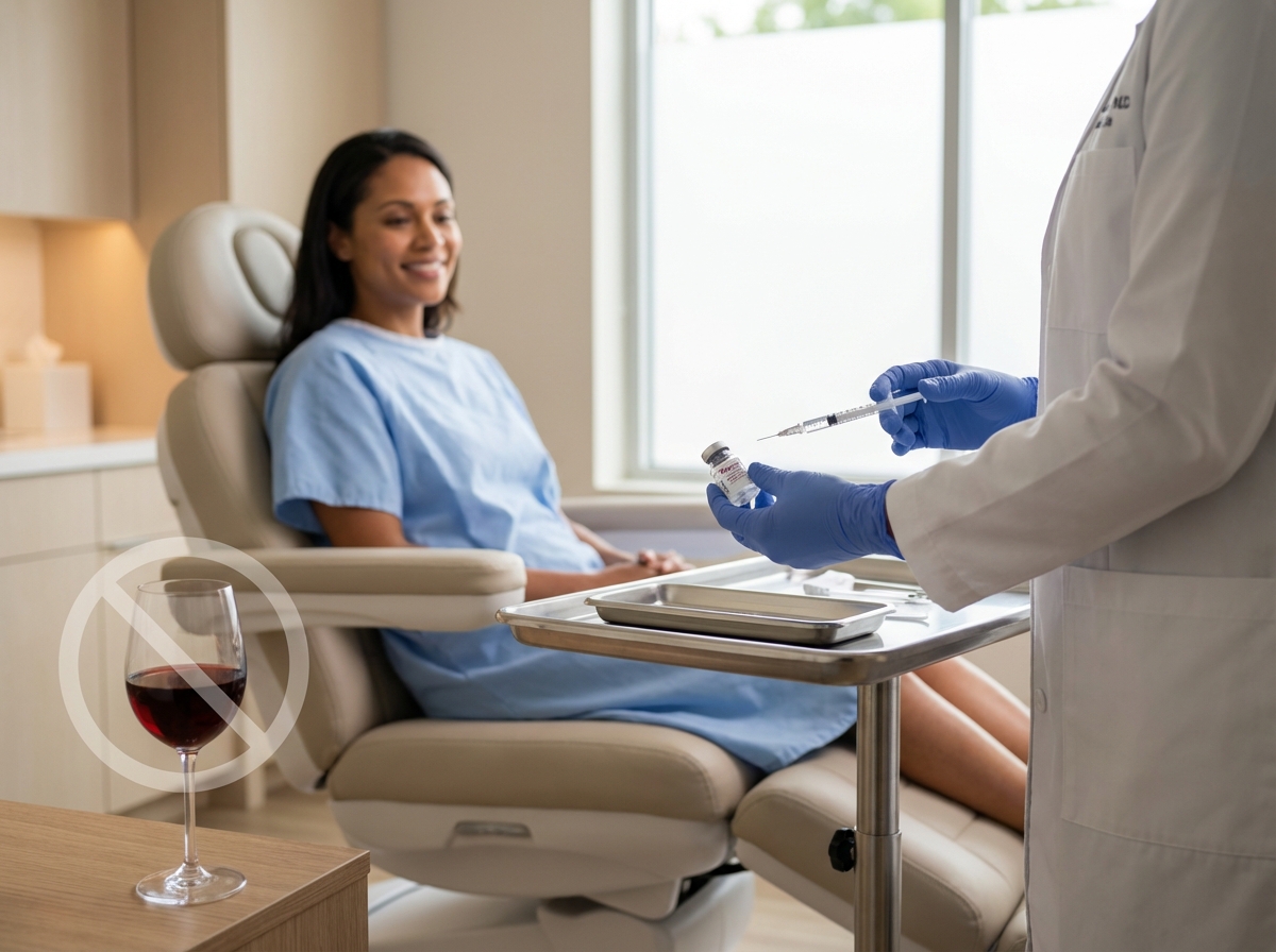 Patient in medical aesthetic clinic with injector nearby and a wine glass on a table marked with a subtle no symbol representing avoiding alcohol after Botox