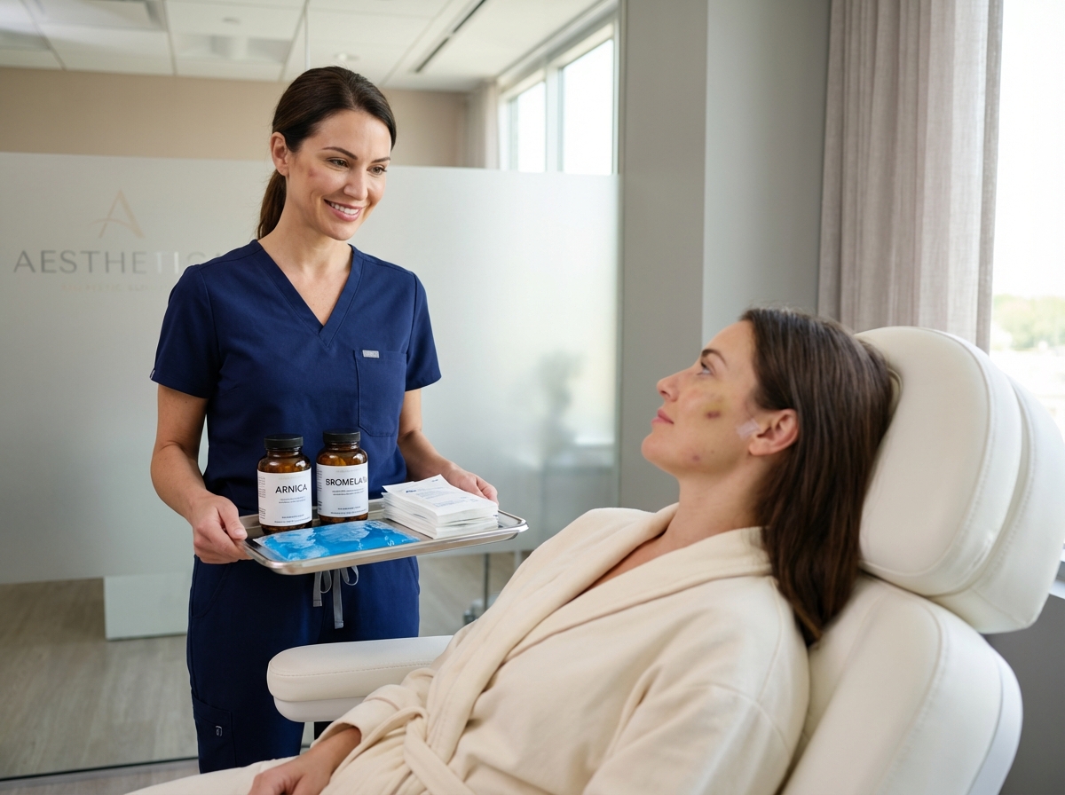 A clinician holding arnica and bromelain supplement bottles beside ice pack and gauze while a patient with a small cheek bruise reclines in a cosmetic clinic chair