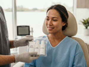 Multiracial woman on day four after a chemical peel with gentle facial flaking while a clinician hands her a post-peel skincare kit in a clean dermatology clinic