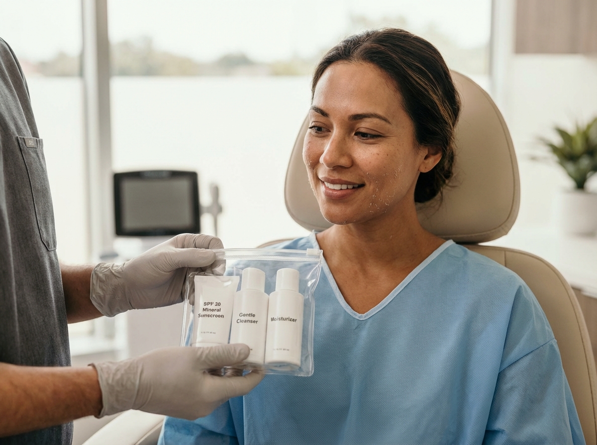 Multiracial woman on day four after a chemical peel with gentle facial flaking while a clinician hands her a post-peel skincare kit in a clean dermatology clinic