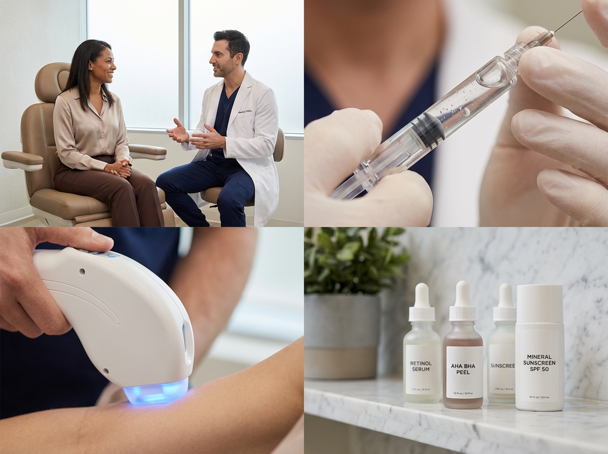 Clinician consulting patient with visual elements of fillers, laser, chemical peel and skincare products (retinol and acids) in a modern clinic setting