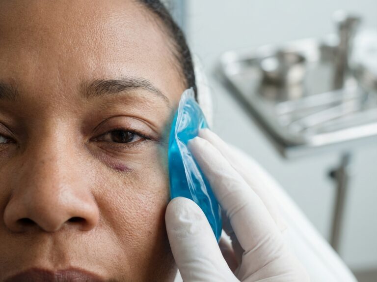 Close-up of a patient receiving gentle under-eye aftercare with a cold gel compress applied to the area showing mild puffiness and faint bruising in a clinical setting