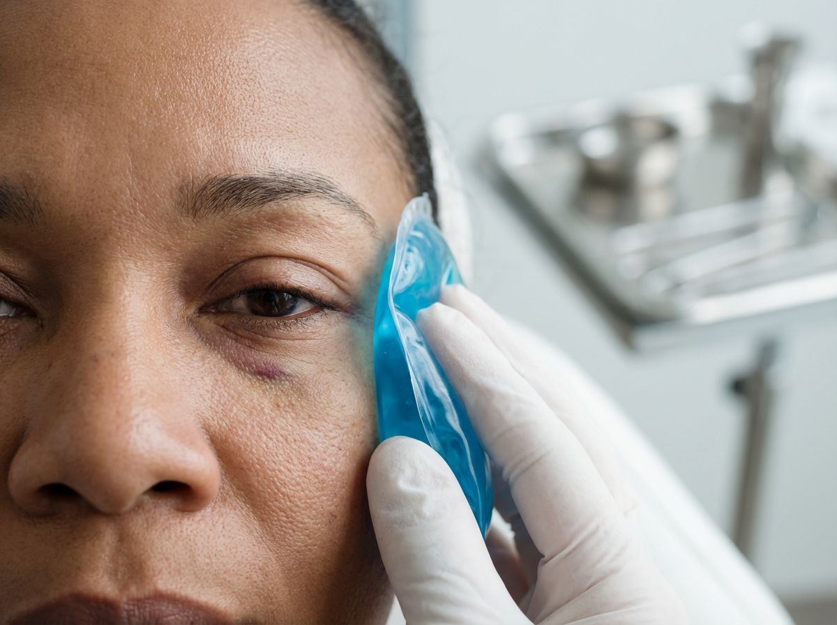 Close-up of a patient receiving gentle under-eye aftercare with a cold gel compress applied to the area showing mild puffiness and faint bruising in a clinical setting