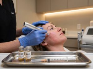 Close-up of a patient receiving microneedling with PRP showing clinician using a microneedling device, PRP vials on a tray, and mild facial redness