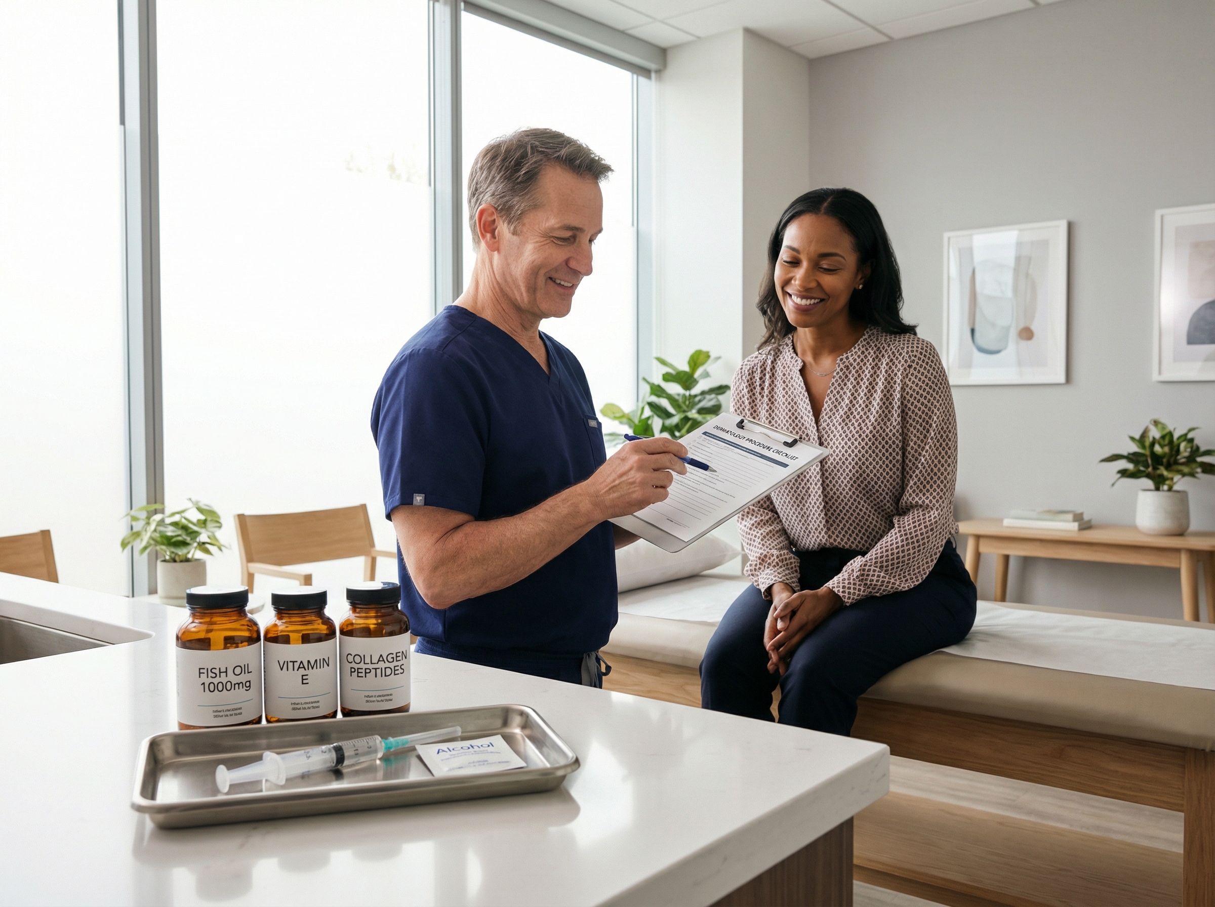 Patient consulting with clinician about preprocedure checklist with syringe, pill bottles and supplement containers on counter in a dermatology clinic