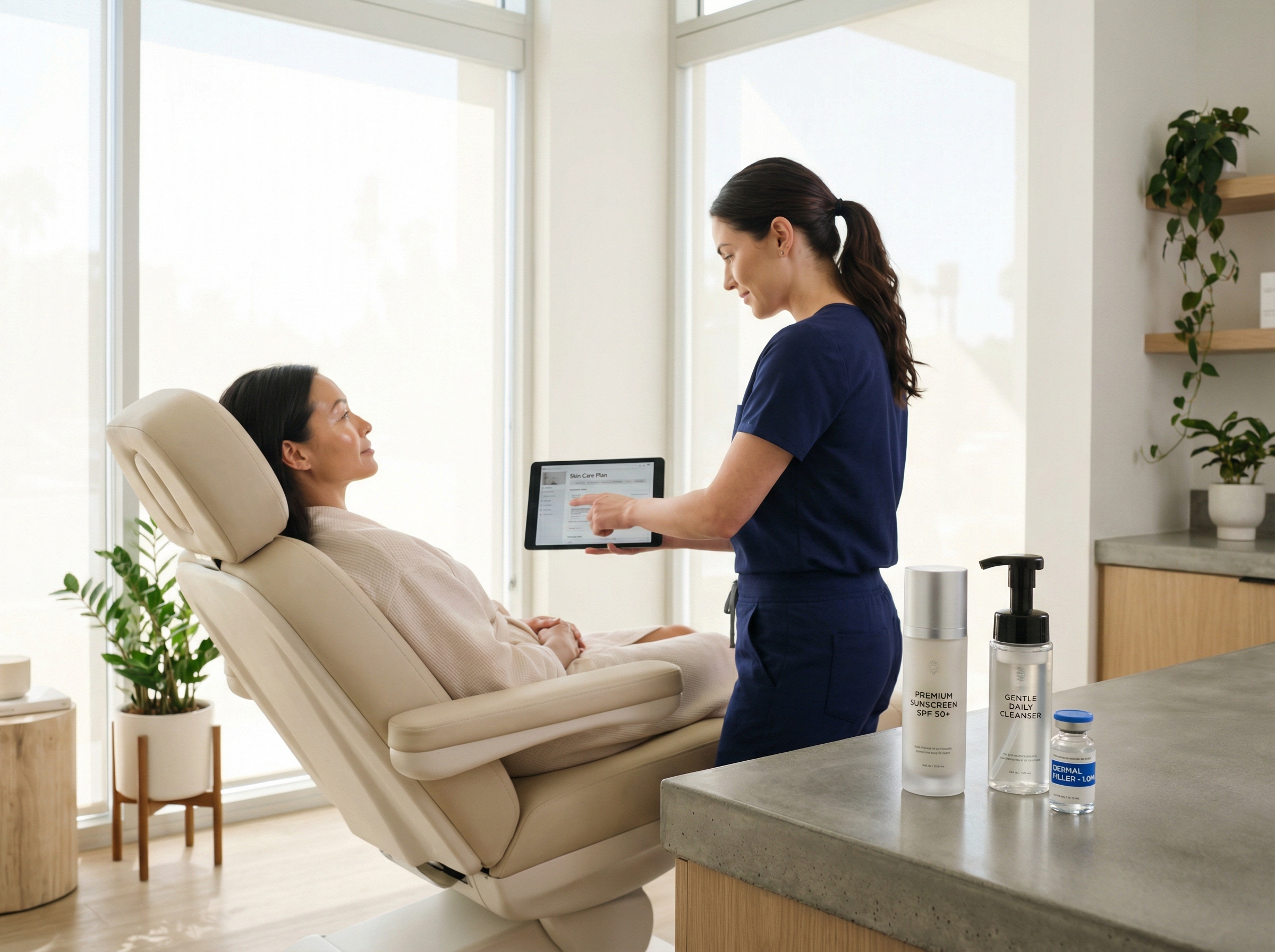 Patient after a facial in an aesthetic clinic with mild facial redness, clinician showing aftercare instructions on a tablet, and skincare products on a counter