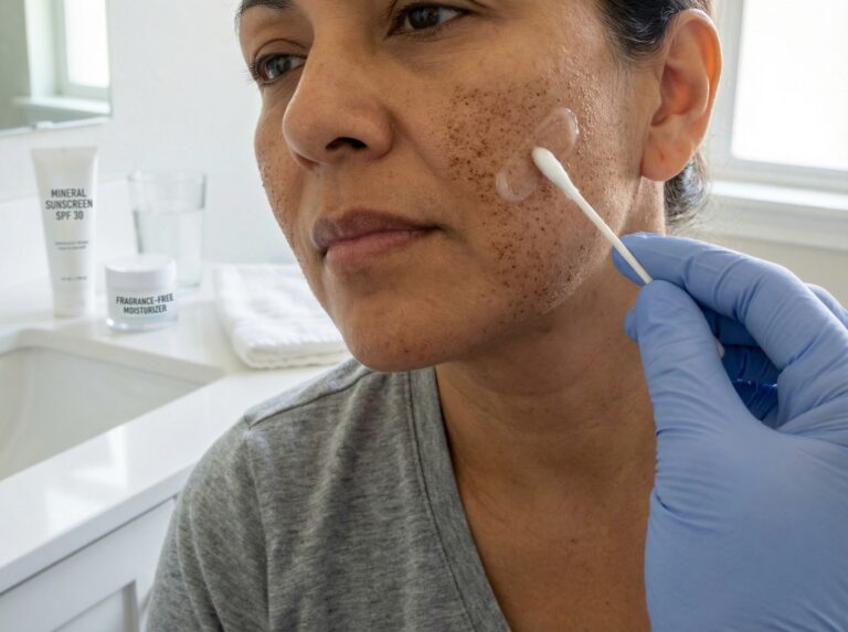 Close up of a person applying ointment to cheeks with small brown micro crusts after Fraxel laser, with moisturizer and sunscreen nearby