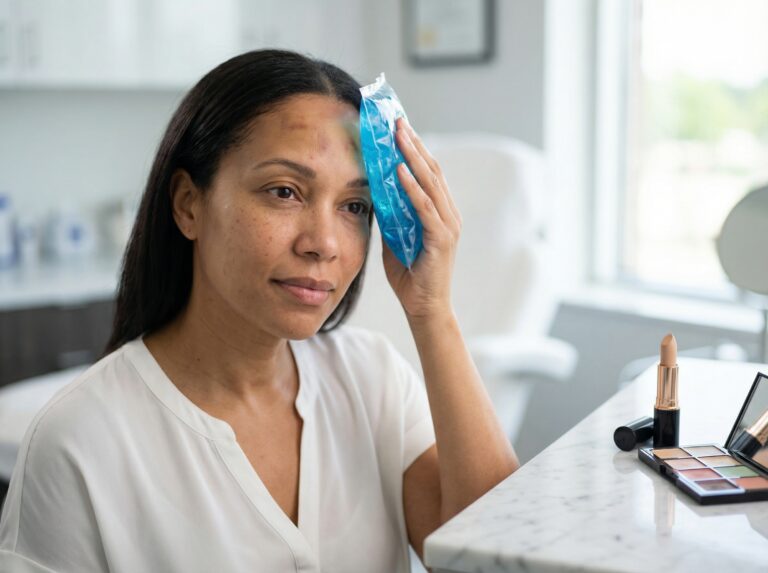 Close-up of a woman gently holding an ice pack to a small bruise near her forehead after Botox with concealer and makeup brushes nearby in a clean clinic setting