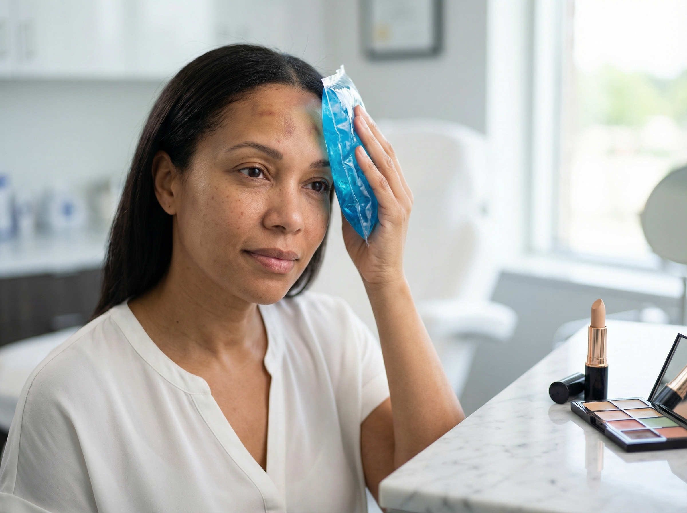Close-up of a woman gently holding an ice pack to a small bruise near her forehead after Botox with concealer and makeup brushes nearby in a clean clinic setting