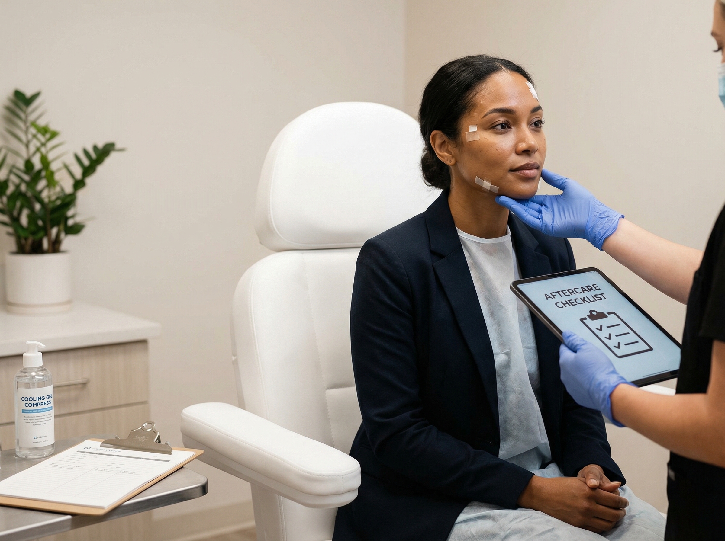 Patient in a cosmetic clinic receiving aftercare instructions after a PDO thread lift, clinician gently supporting the cheek and showing a checklist on a tablet.