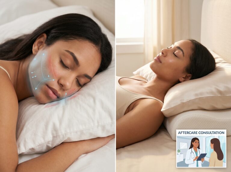 Split photo of a woman sleeping face-down with pillow indentation and the same woman sleeping on her back with a silk pillowcase and neck support, illustrating sleep impact on facial fillers and wrinkles