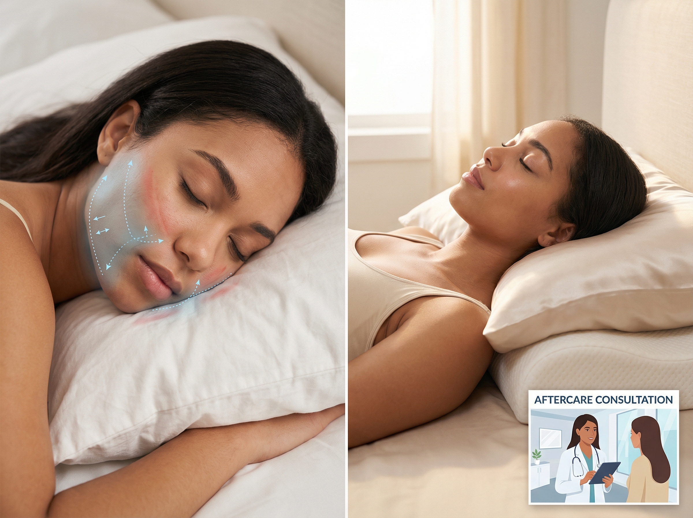 Split photo of a woman sleeping face-down with pillow indentation and the same woman sleeping on her back with a silk pillowcase and neck support, illustrating sleep impact on facial fillers and wrinkles