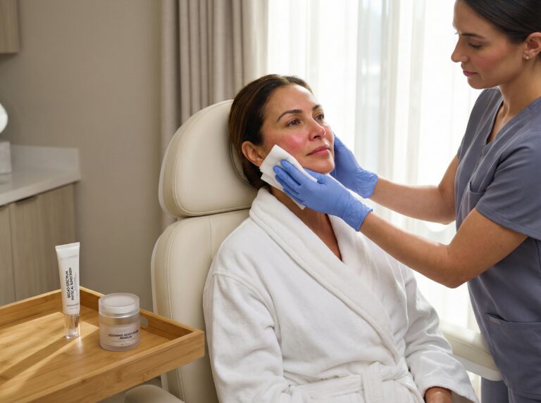 Patient with mild redness after IPL photofacial receiving a cool compress from clinician, sunscreen and moisturizer visible on tray
