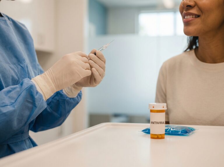 Cosmetic injector preparing a lip filler syringe in clinic with a small antiviral pill bottle visible on the counter