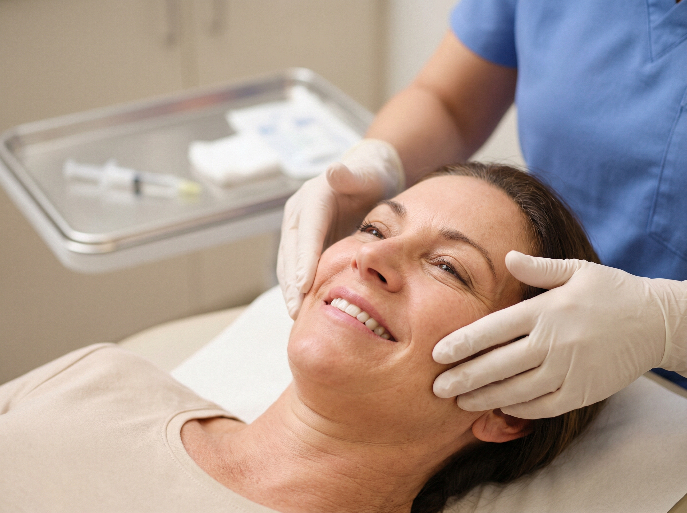 Clinician demonstrating gentle facial massage on a patient after Sculptra injection in a bright clinical setting