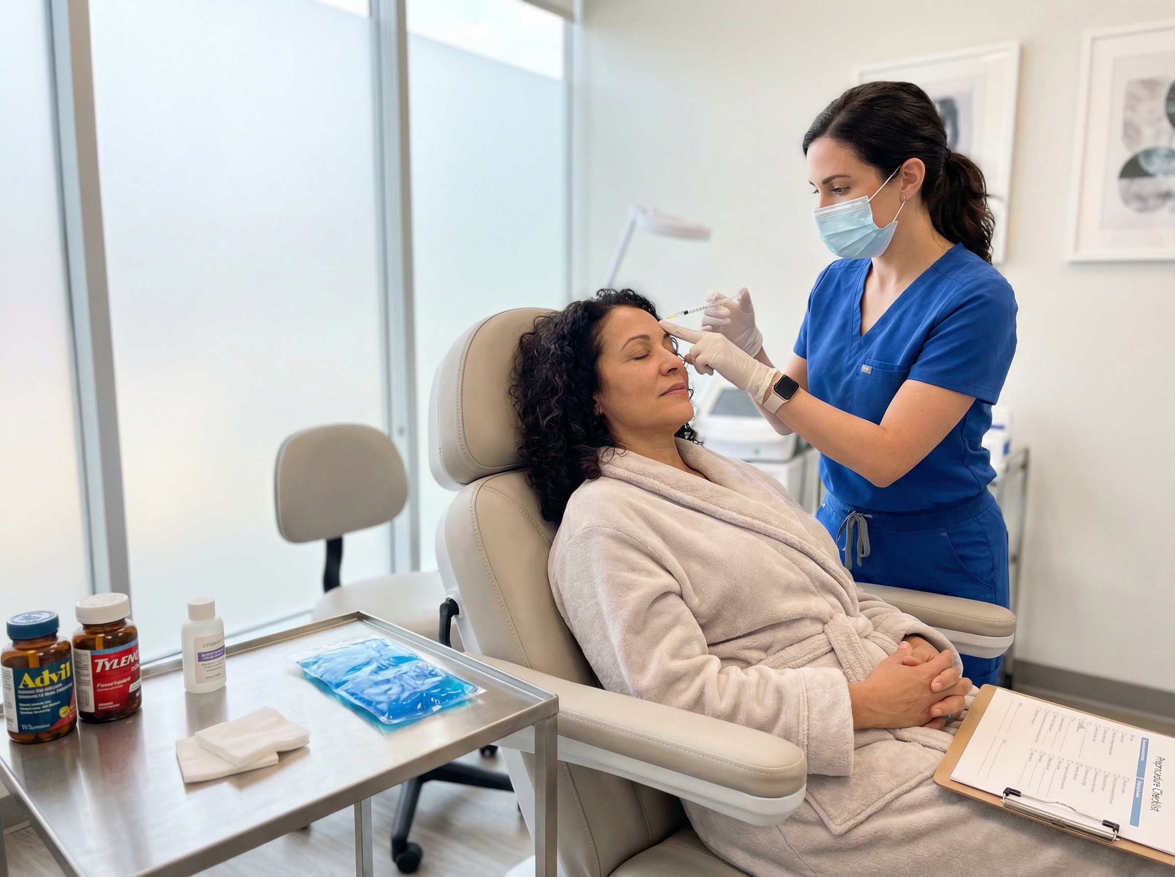 Clinician preparing a syringe for a Botox injection while a checklist and cold pack sit on a clinic table