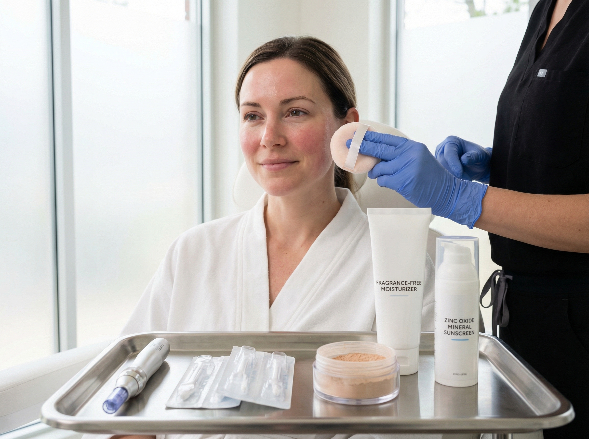 Patient with mild post microneedling redness in a clinical setting next to sterile microneedling device and clean makeup tools
