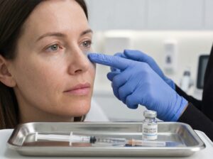 Close up of clinician assessing a subtle bluish discoloration in a patient’s under‑eye tear trough with filler syringe and vial visible on a tray in a clinical setting