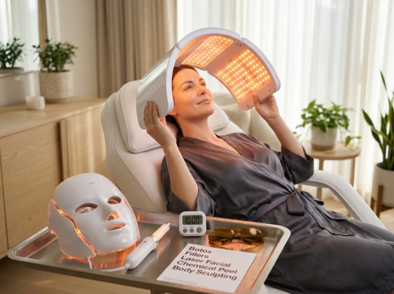 Woman using an at-home LED facial panel in a home-clinic setting with LED mask and aftercare items visible on a tray