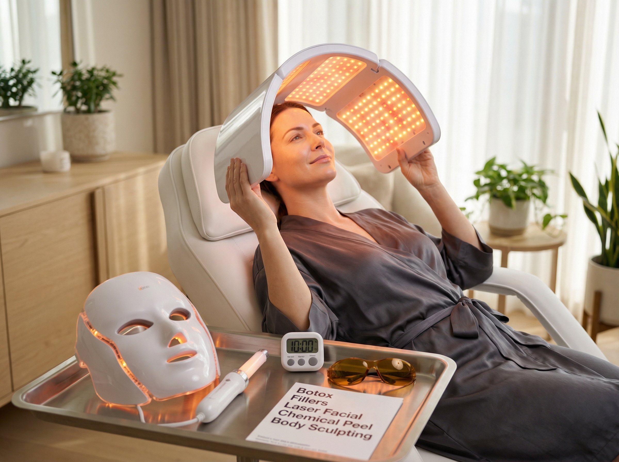 Woman using an at-home LED facial panel in a home-clinic setting with LED mask and aftercare items visible on a tray