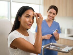 Woman in a dermatology clinic gently applying lightweight foundation near her forehead with a disposable sponge, blurred syringe tray in background.