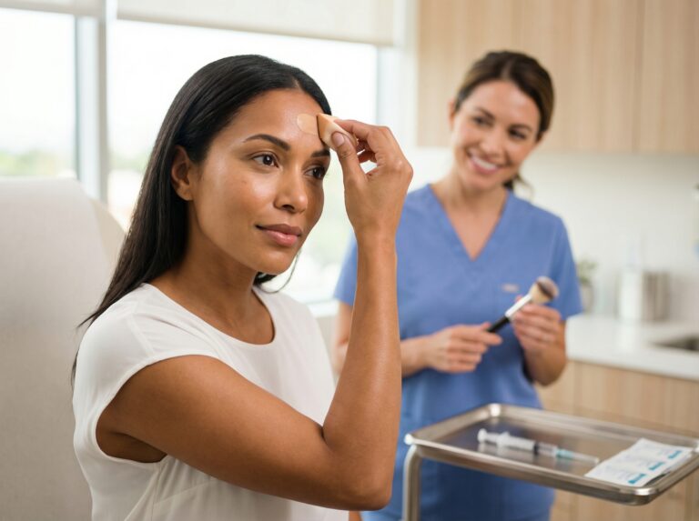 Woman in a dermatology clinic gently applying lightweight foundation near her forehead with a disposable sponge, blurred syringe tray in background.