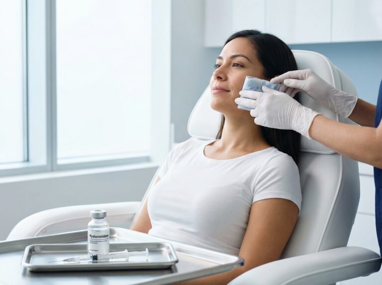 Clinician applying a cold compress to a patient’s cheek after hyaluronidase filler dissolution in a modern cosmetic clinic