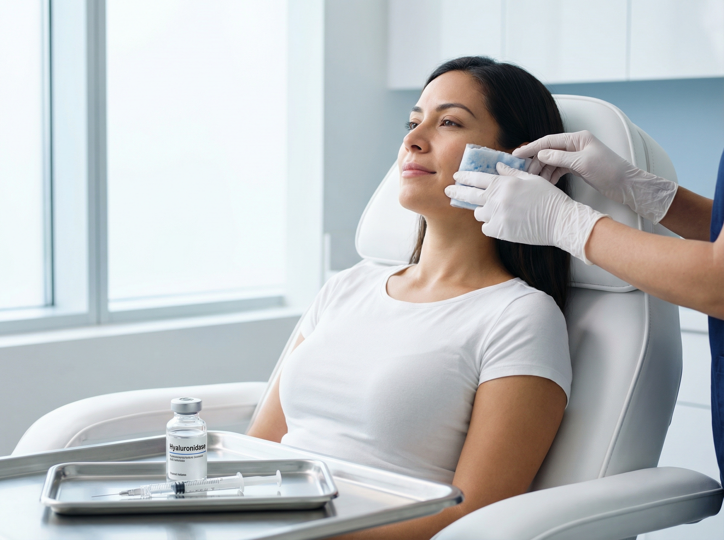 Clinician applying a cold compress to a patient’s cheek after hyaluronidase filler dissolution in a modern cosmetic clinic