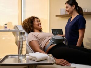 Clinician supervising a patient receiving Emsculpt Neo on the abdomen with a water bottle on a tray nearby, illustrating aftercare hydration and muscle recovery.