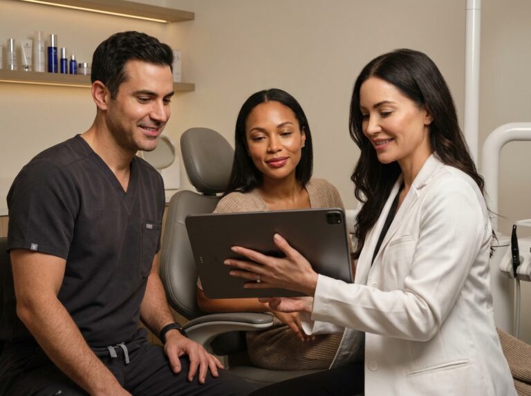 Cosmetic injector and dentist discussing treatment with a patient in a clinic, showing coordinated care after dermal fillers